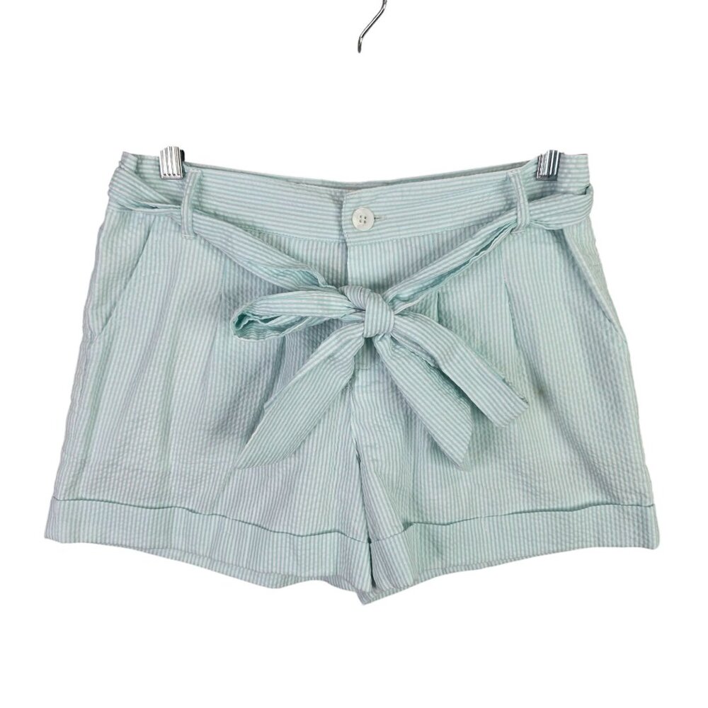Womens Lauren James Teal & White Seersucker Bow Shorts Belted 4" Inseam Size S